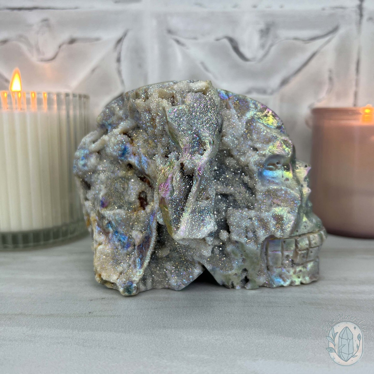 Angel Aura Sphalerite with Druzy Quartz Skull Carving