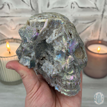 Angel Aura Sphalerite with Druzy Quartz Skull Carving