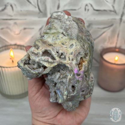 Angel Aura Sphalerite with Druzy Quartz Skull Carving