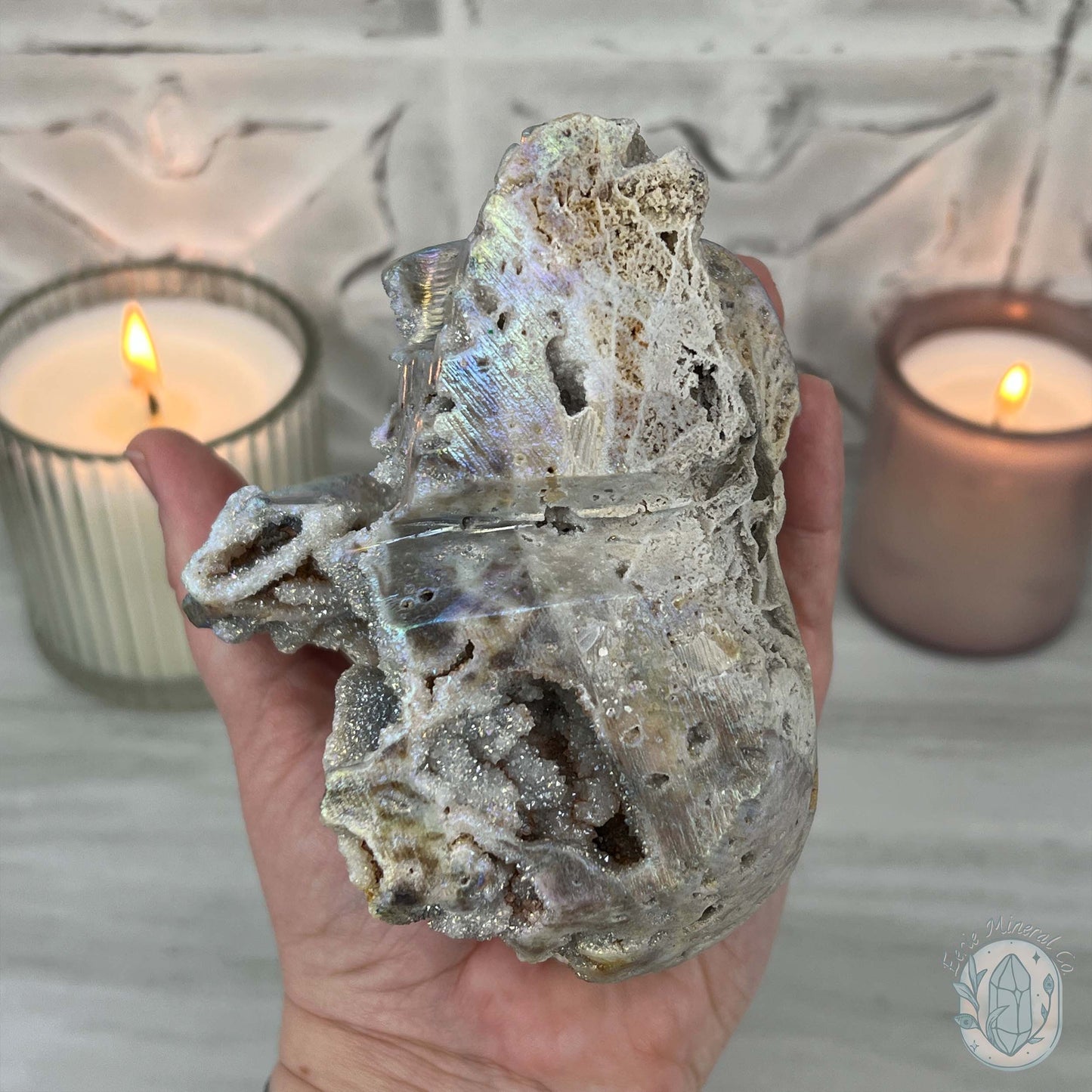 Angel Aura Sphalerite with Druzy Quartz Skull Carving