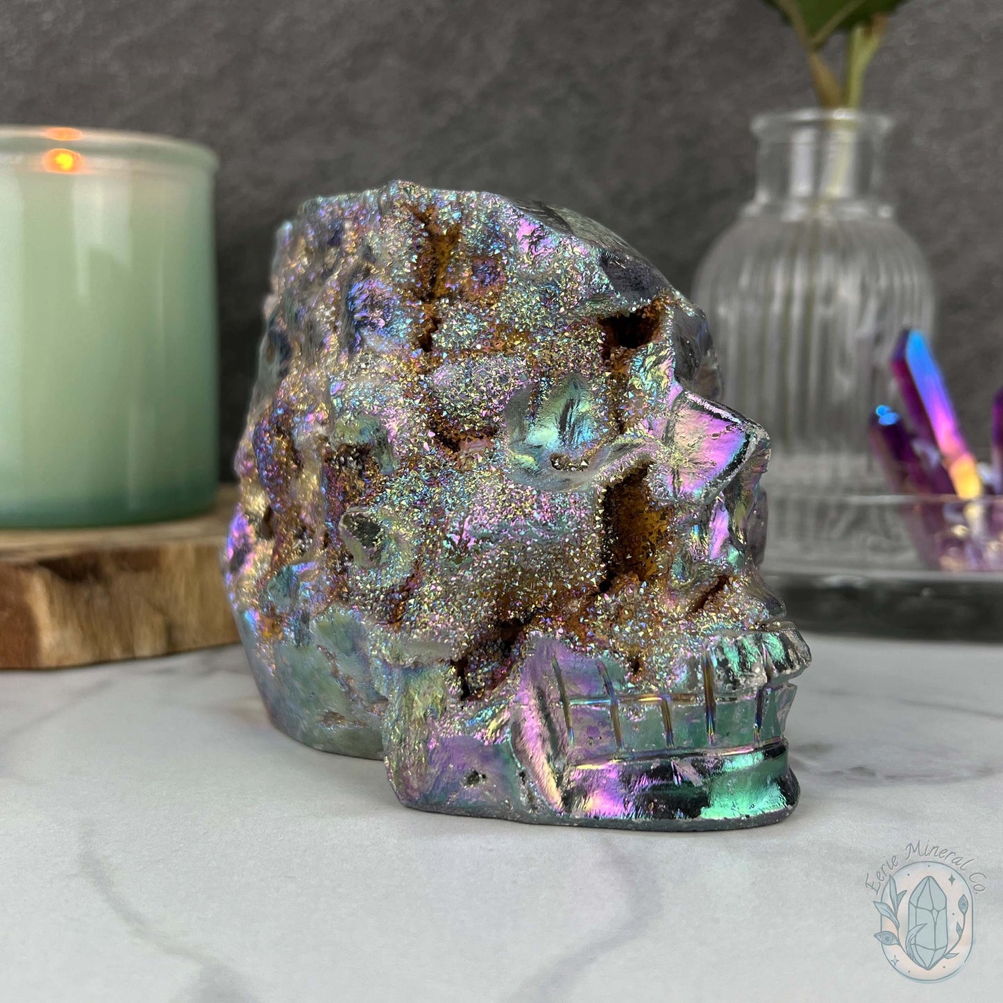 Angel Aura Sphalerite with Druzy Quartz Skull Carving
