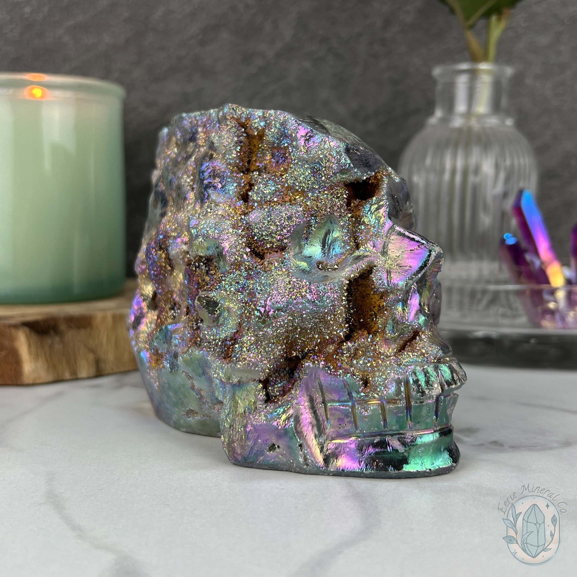 Angel Aura Sphalerite with Druzy Quartz Skull Carving