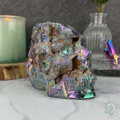 Angel Aura Sphalerite with Druzy Quartz Skull Carving
