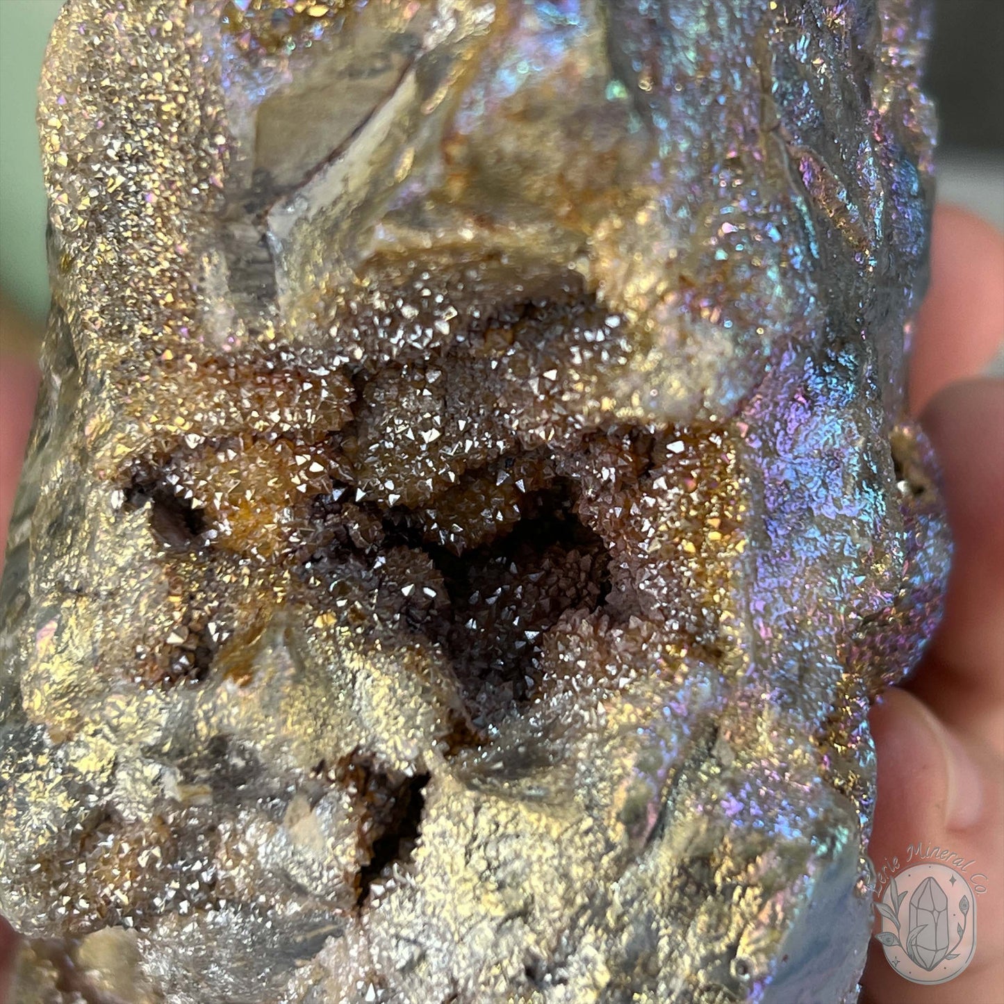 Angel Aura Sphalerite with Druzy Quartz Skull Carving