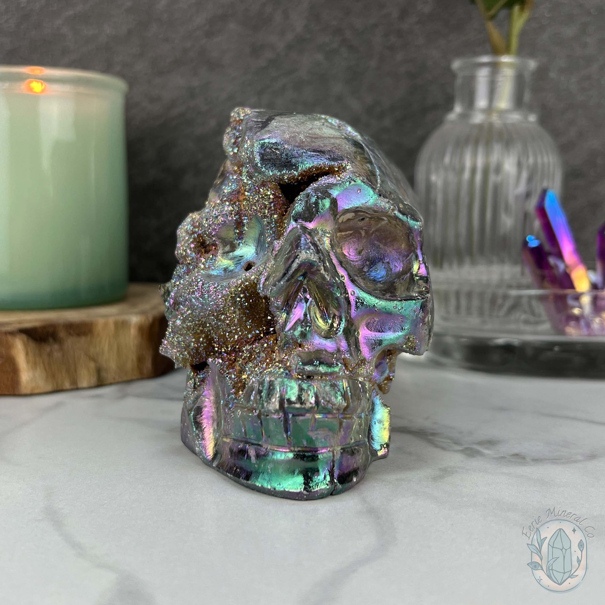 Angel Aura Sphalerite with Druzy Quartz Skull Carving