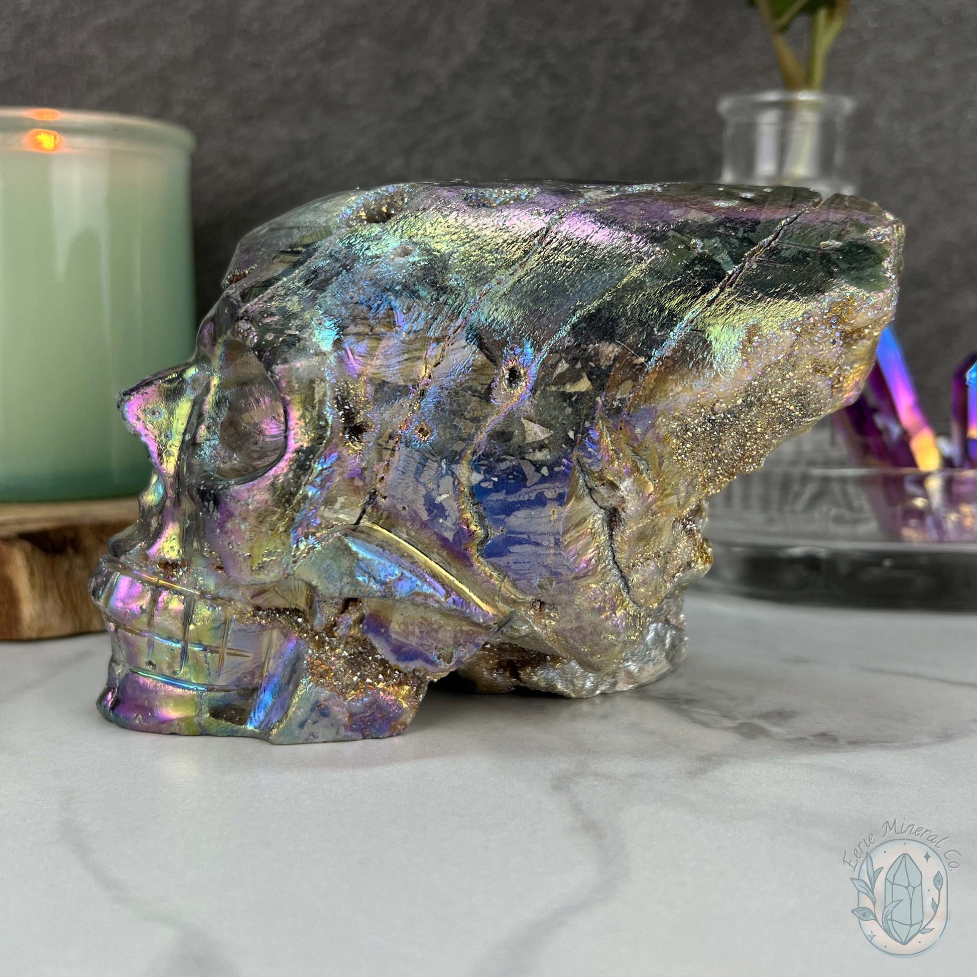 Angel Aura Sphalerite with Druzy Quartz Skull Carving