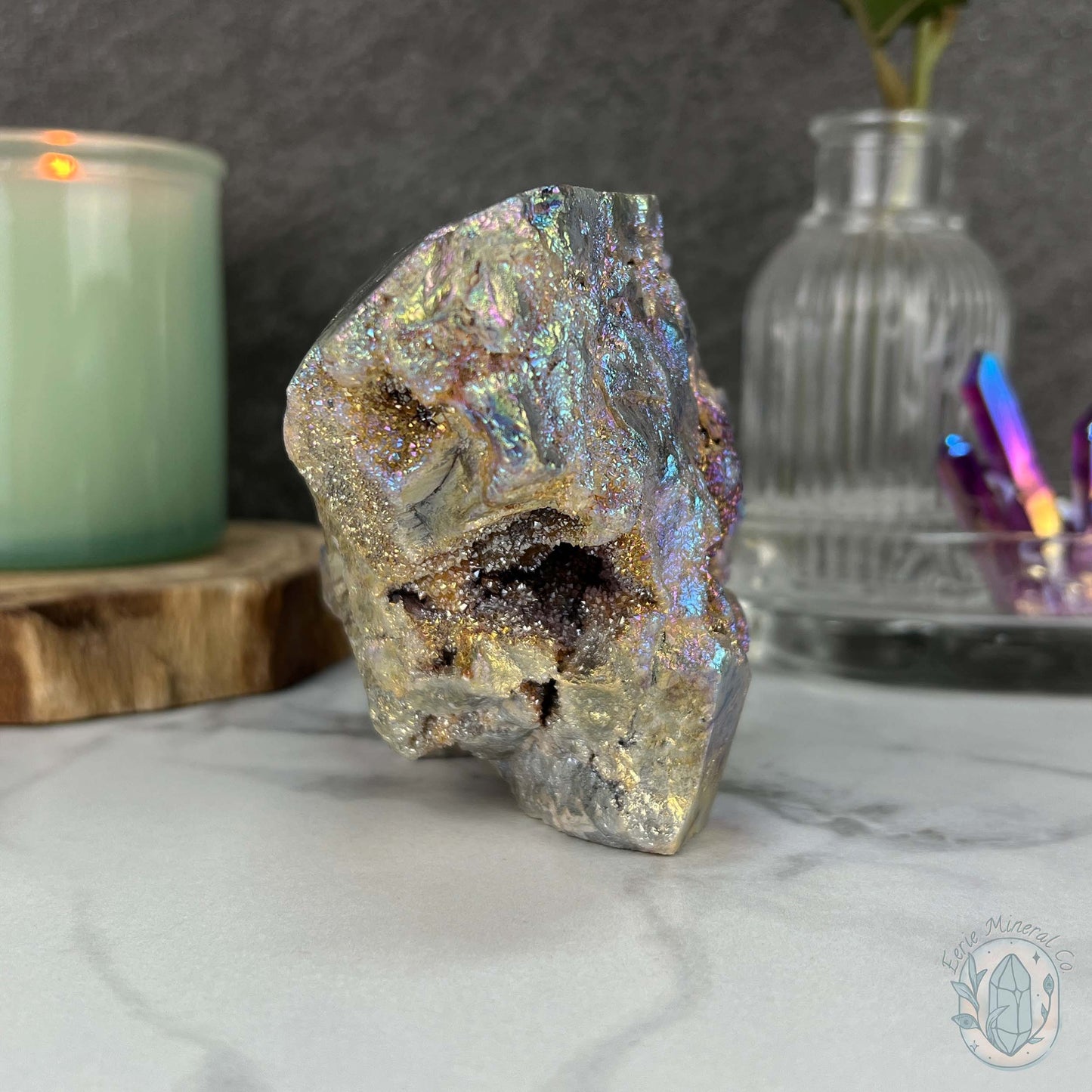 Angel Aura Sphalerite with Druzy Quartz Skull Carving