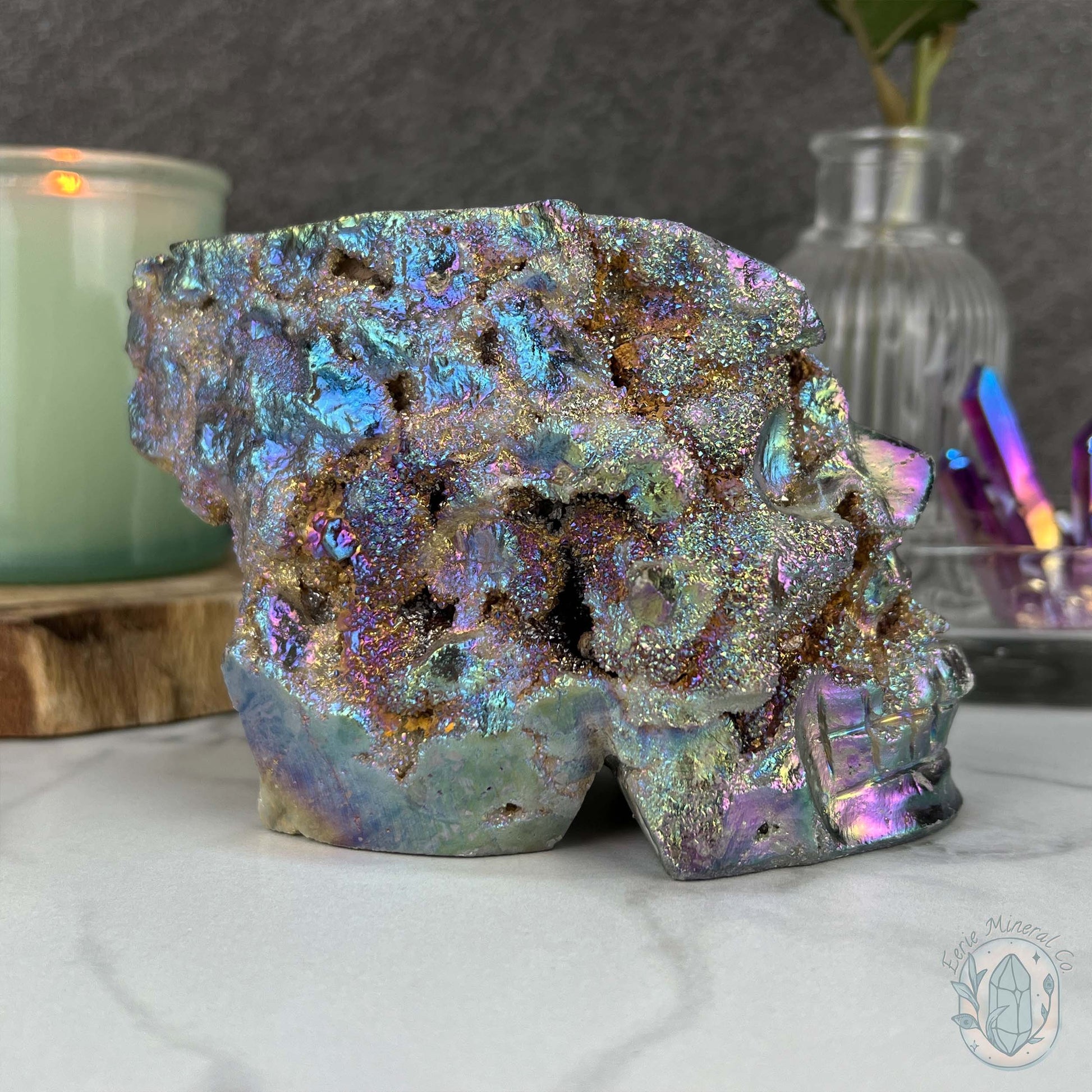 Angel Aura Sphalerite with Druzy Quartz Skull Carving