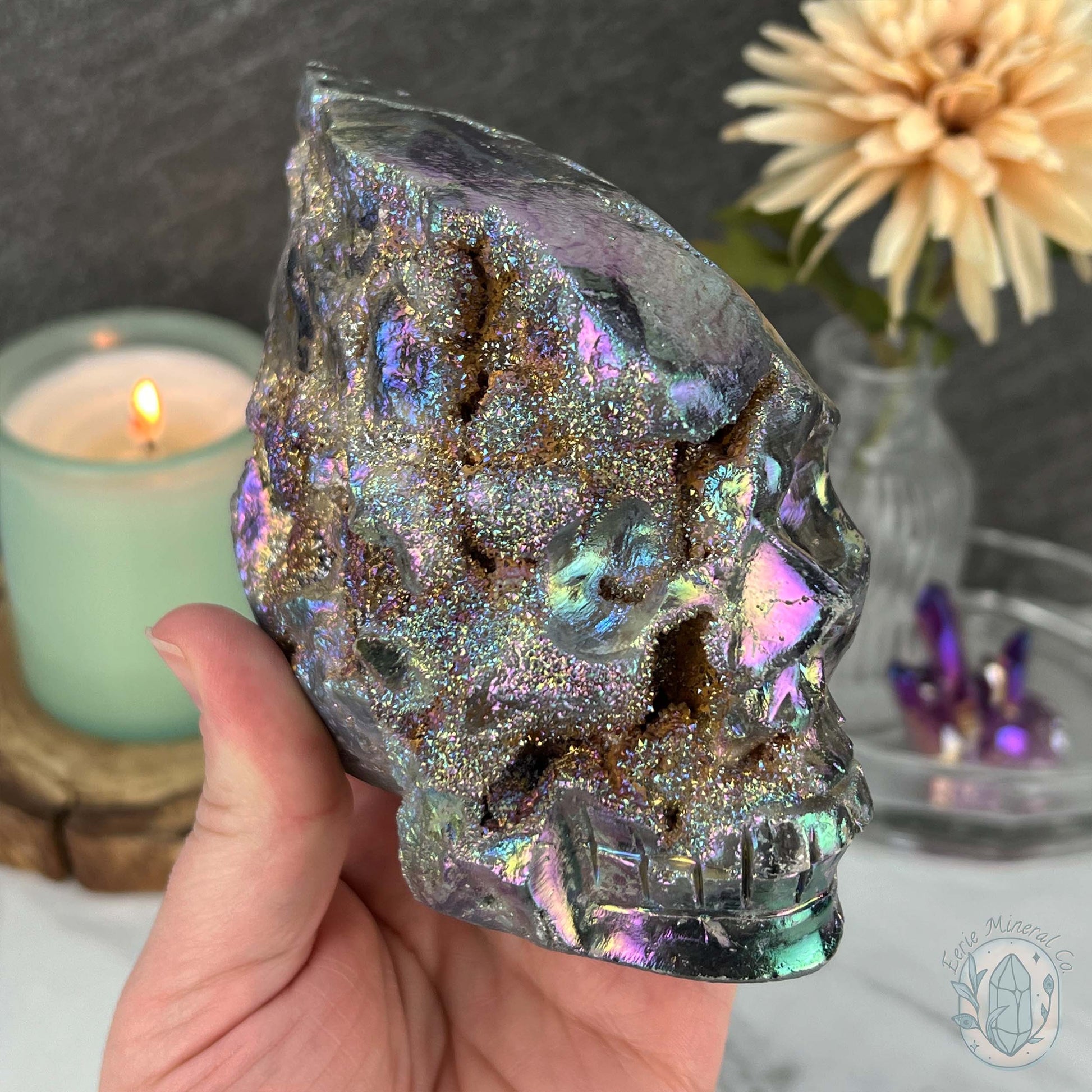 Angel Aura Sphalerite with Druzy Quartz Skull Carving