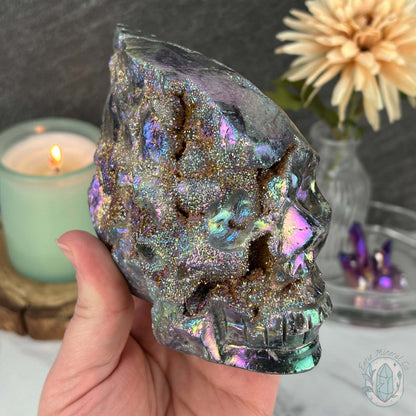 Angel Aura Sphalerite with Druzy Quartz Skull Carving