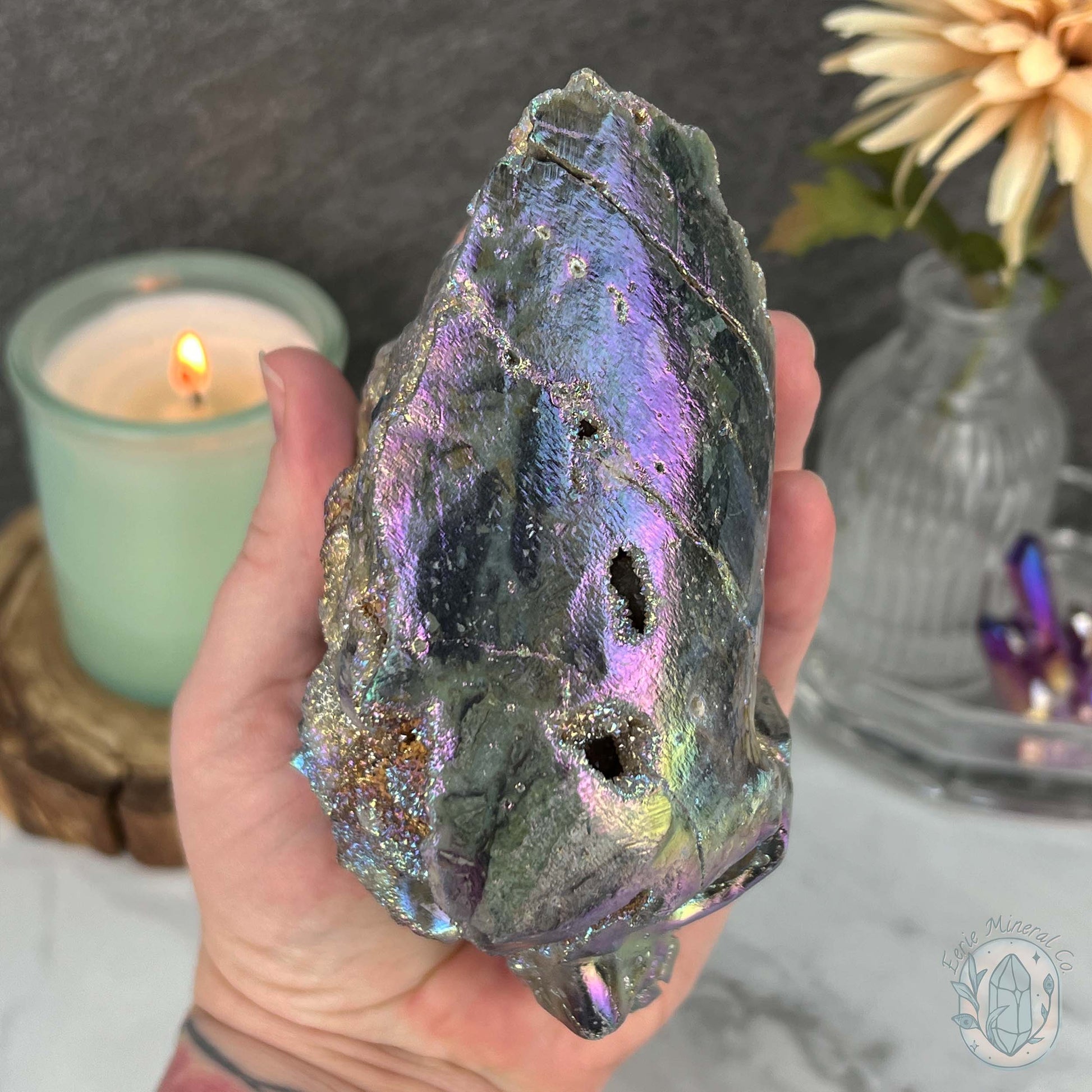 Angel Aura Sphalerite with Druzy Quartz Skull Carving