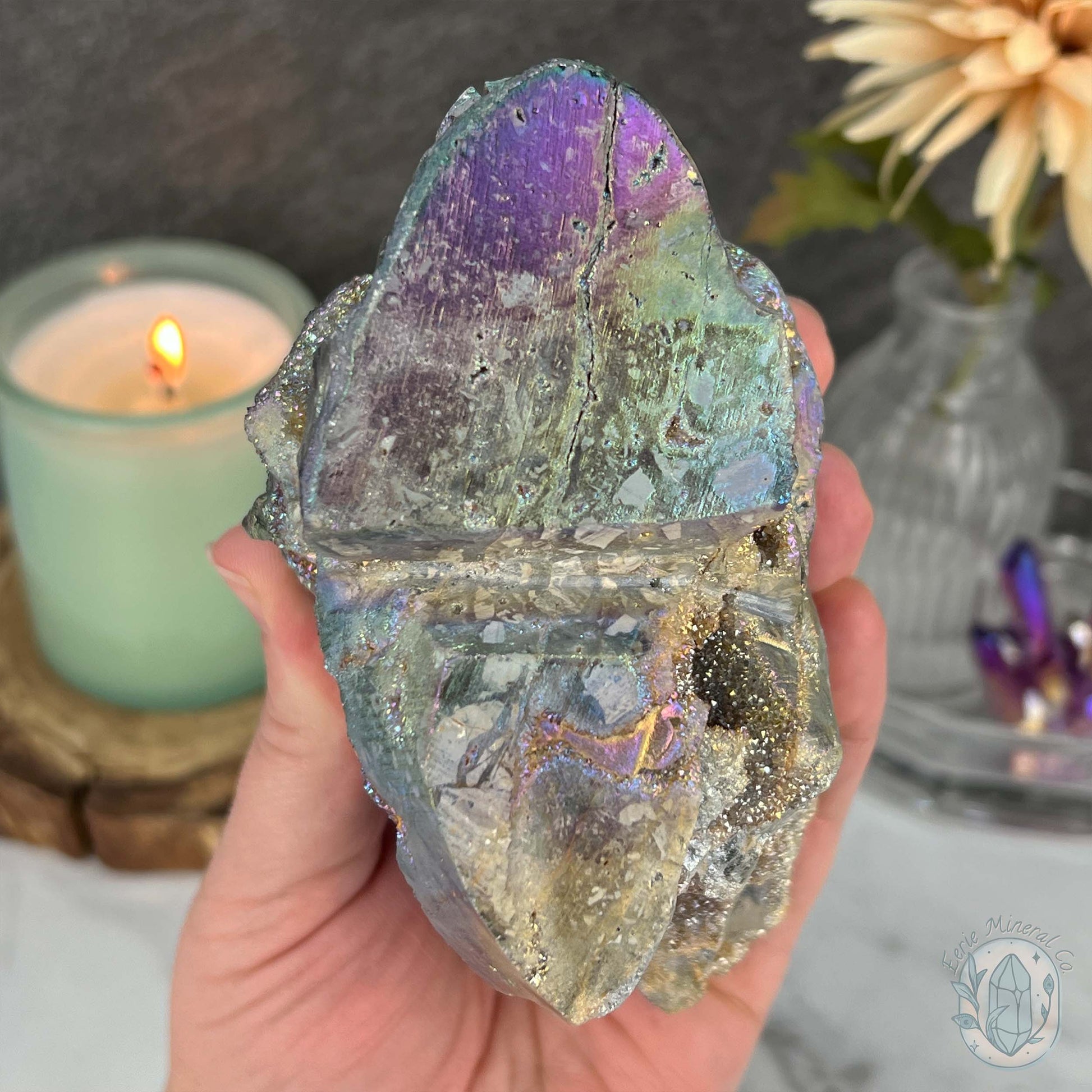 Angel Aura Sphalerite with Druzy Quartz Skull Carving