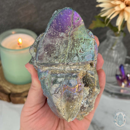 Angel Aura Sphalerite with Druzy Quartz Skull Carving