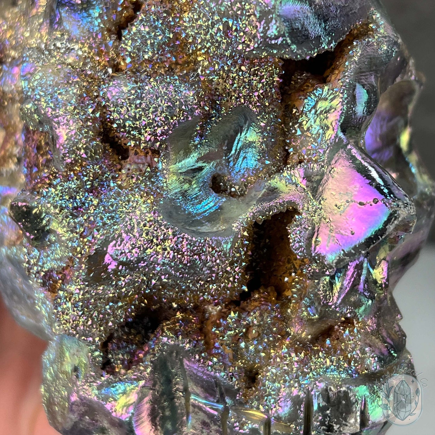 Angel Aura Sphalerite with Druzy Quartz Skull Carving
