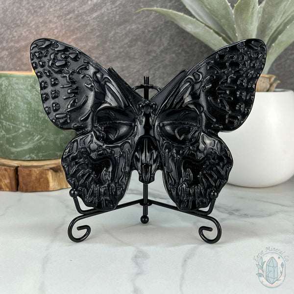 Polished Black Obsidian Death's Head Moth Carving