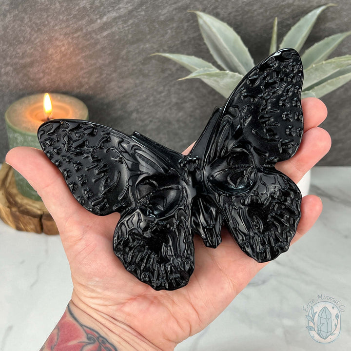 Polished Black Obsidian Death's Head Moth Carving