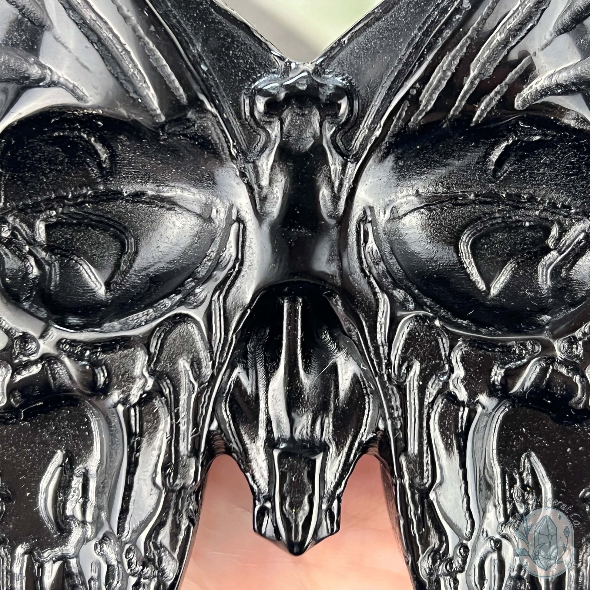 Polished Black Obsidian Death's Head Moth Carving