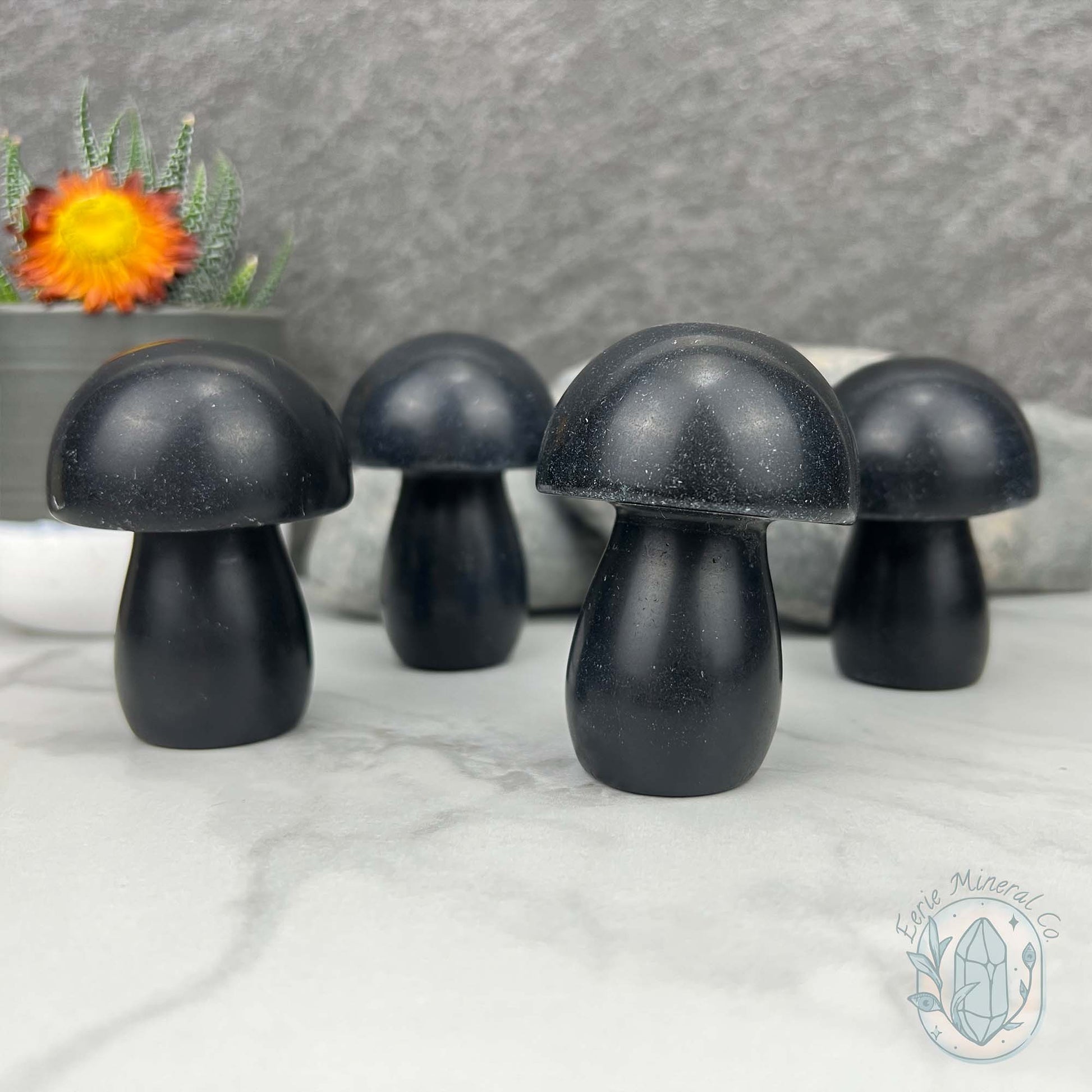 Large Black Obsidian Mushroom Carvings