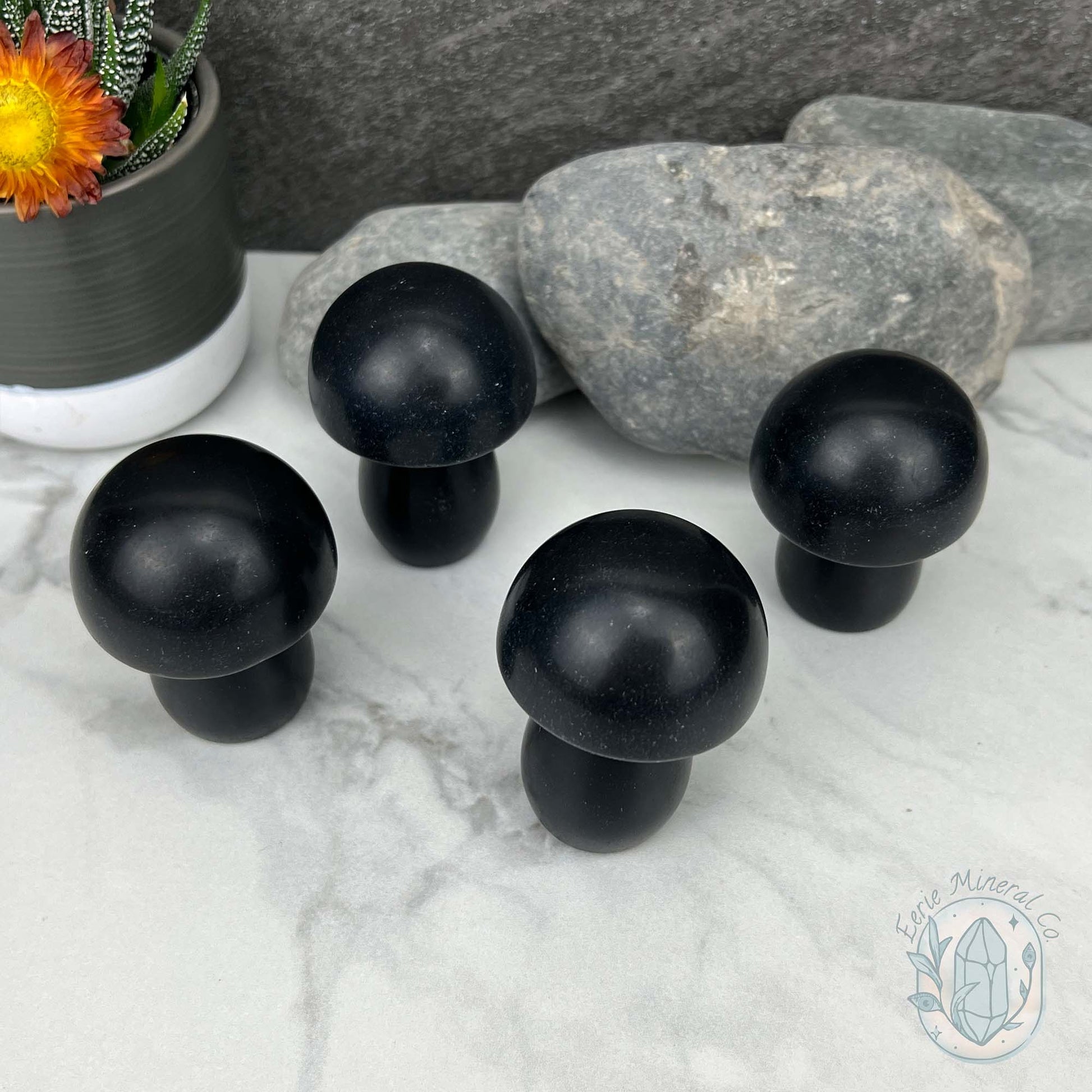 Large Black Obsidian Mushroom Carvings