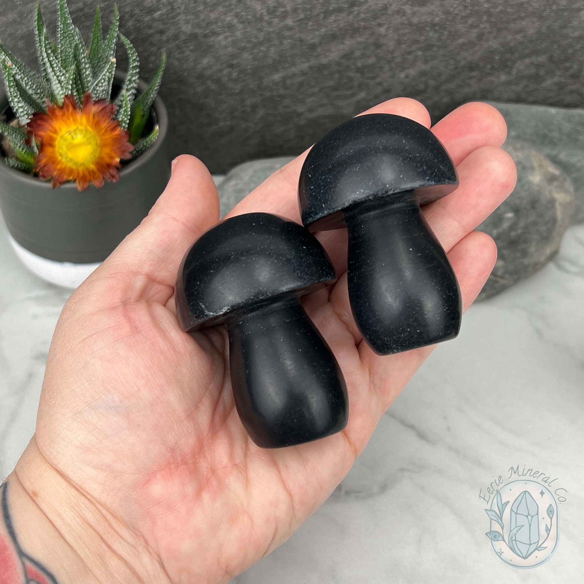 Large Black Obsidian Mushroom Carvings