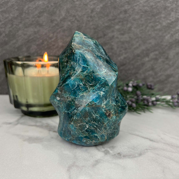 Polished Blue Apatite Flame Carving