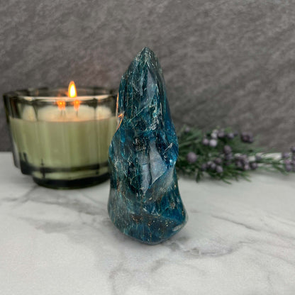 Polished Blue Apatite Flame Carving