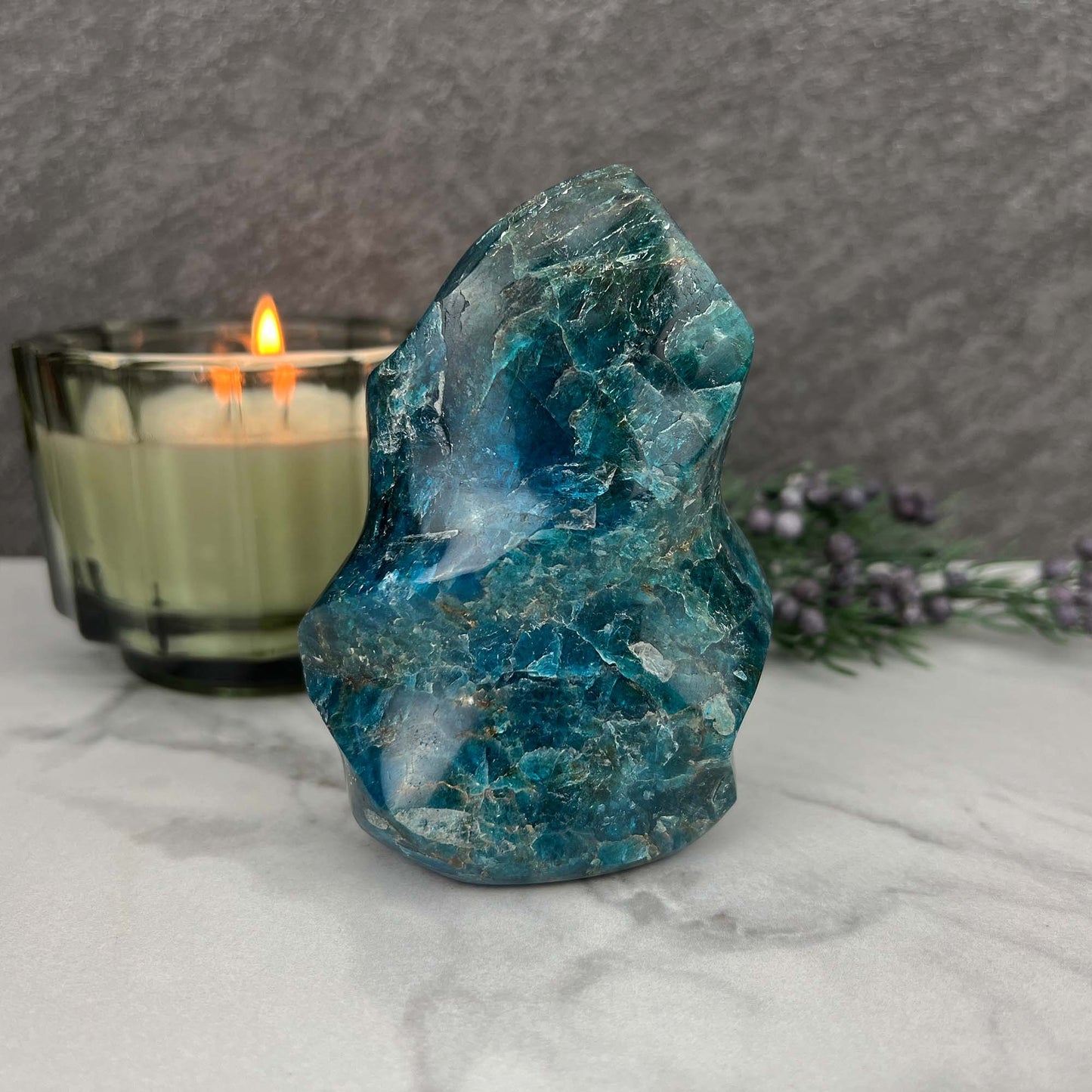 Polished Blue Apatite Flame Carving