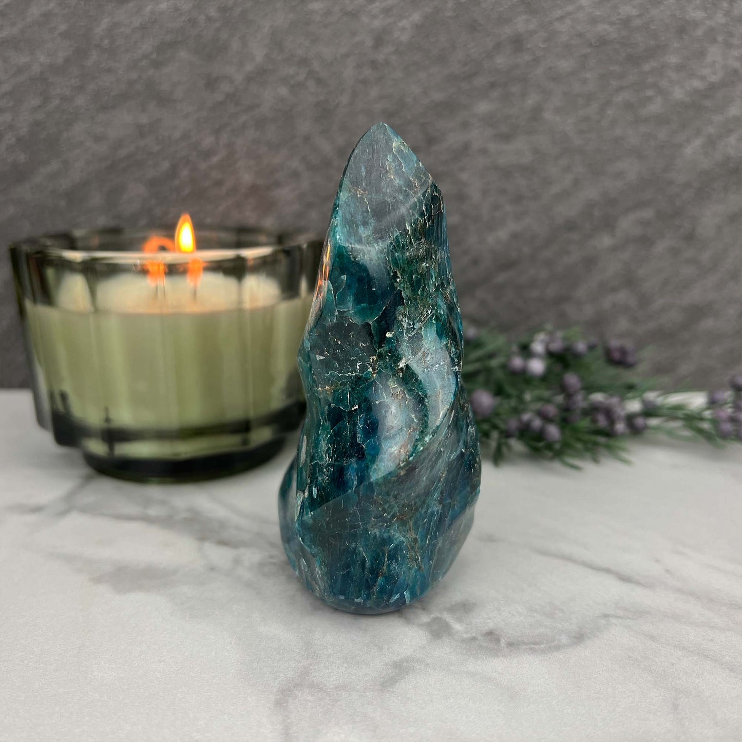 Polished Blue Apatite Flame Carving
