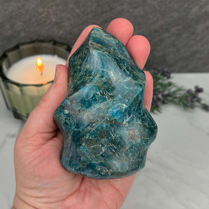 Polished Blue Apatite Flame Carving
