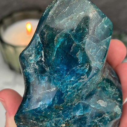 Polished Blue Apatite Flame Carving