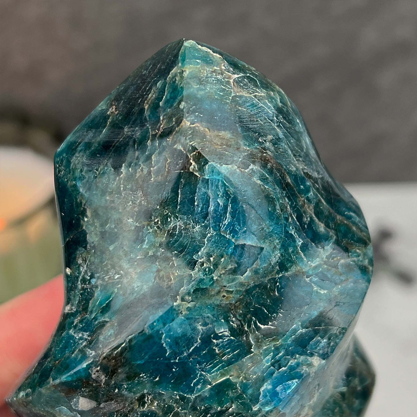 Polished Blue Apatite Flame Carving