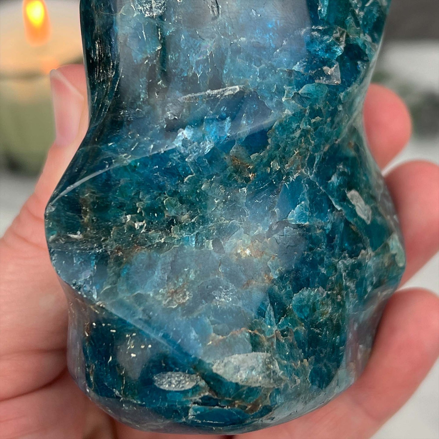 Polished Blue Apatite Flame Carving