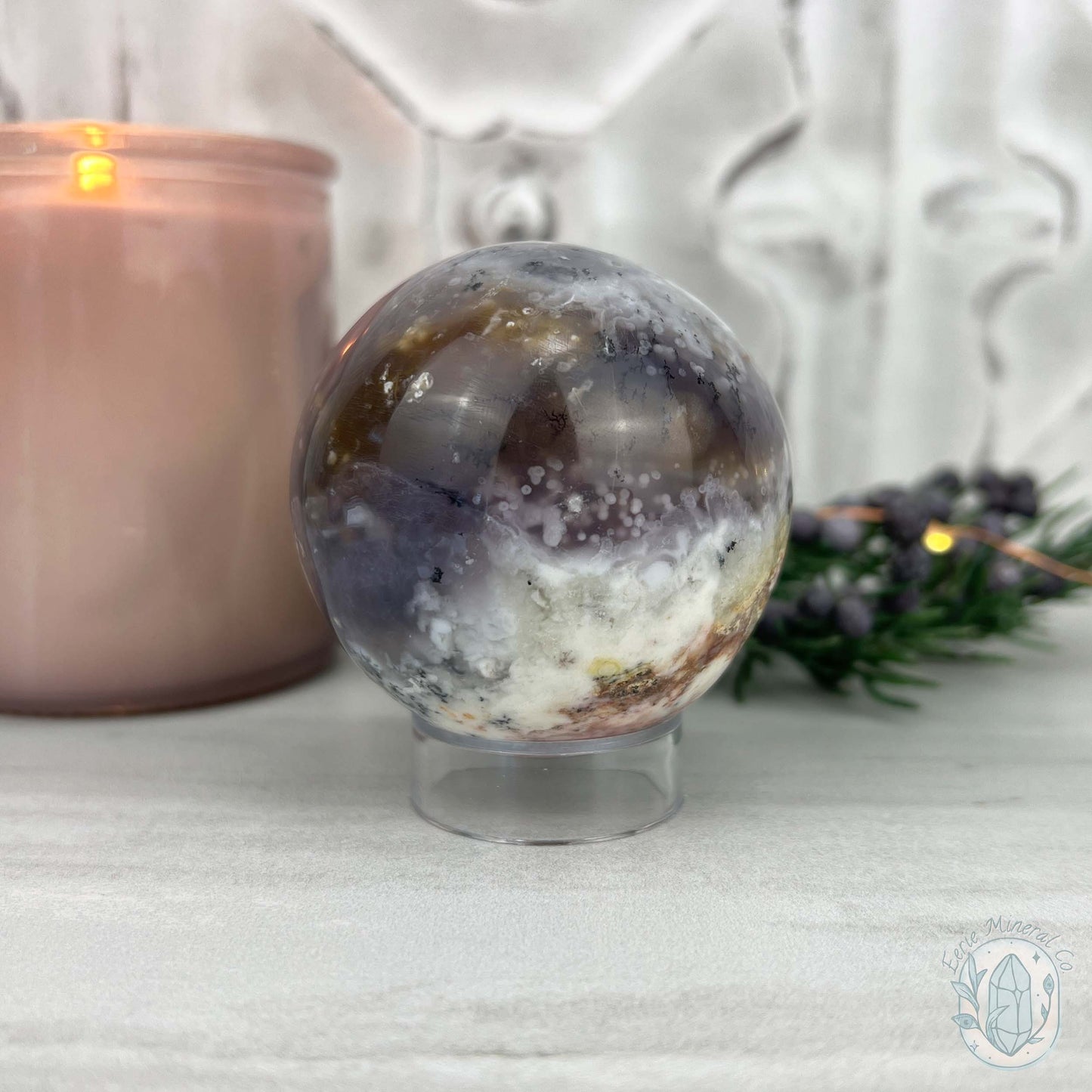 56mm Purple and White Dendritic Chalcedony Sphere