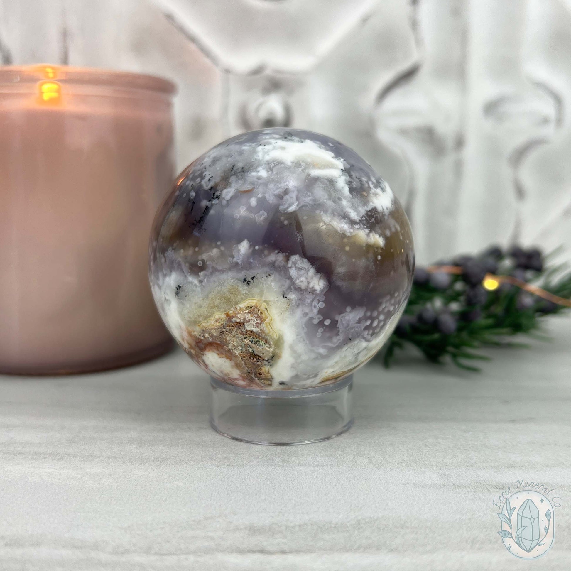 56mm Purple and White Dendritic Chalcedony Sphere