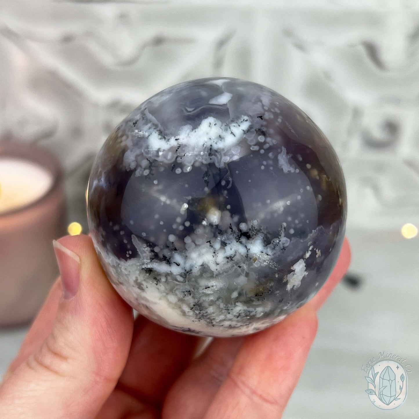 56mm Purple and White Dendritic Chalcedony Sphere