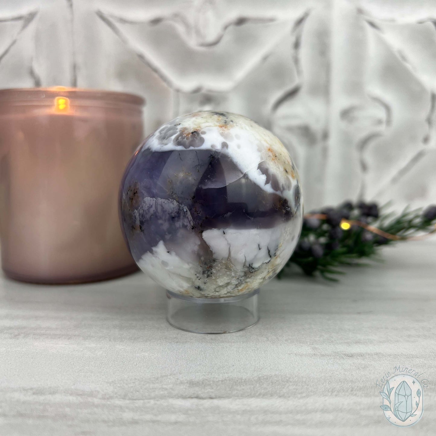 60mm Purple and White Dendritic Chalcedony Sphere