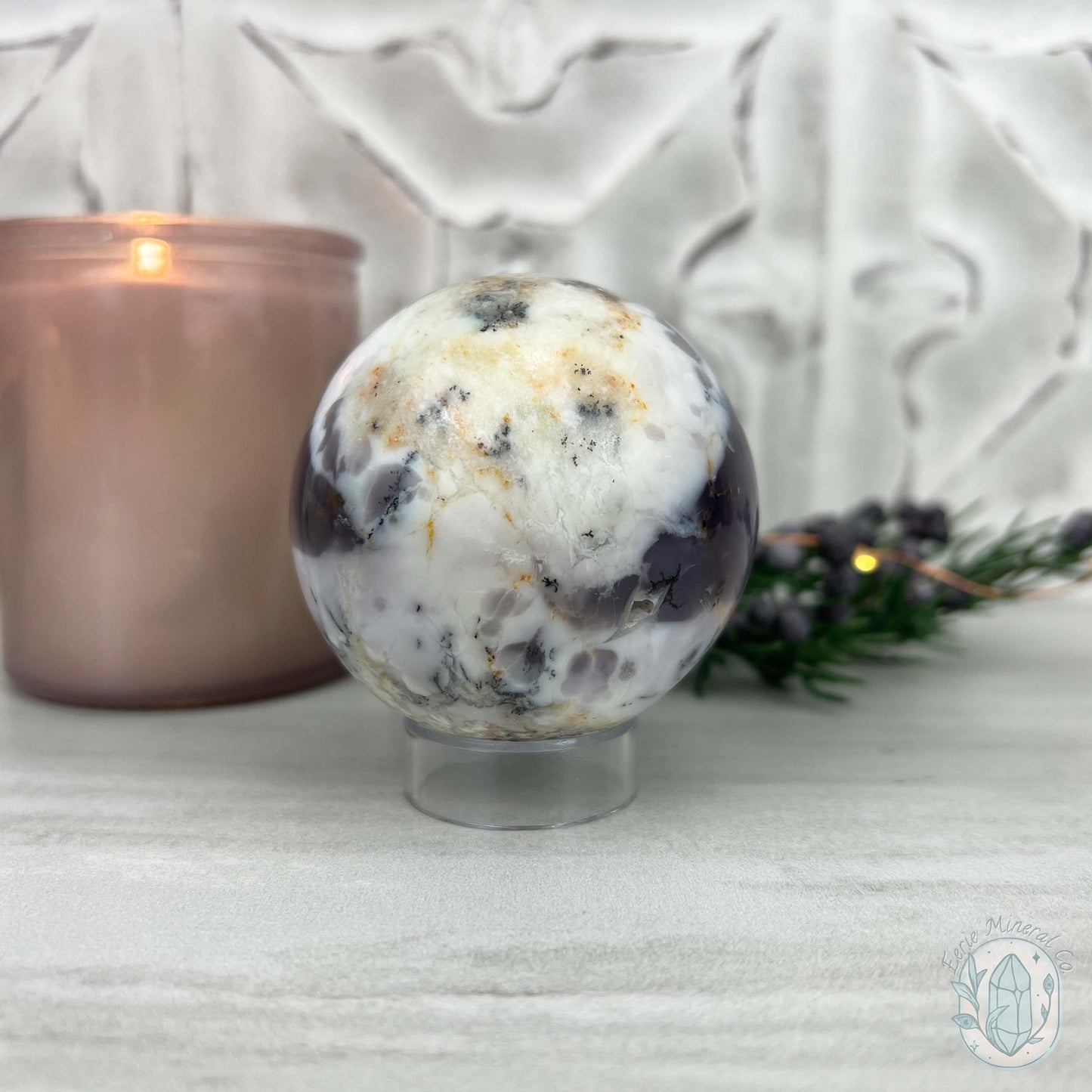60mm Purple and White Dendritic Chalcedony Sphere