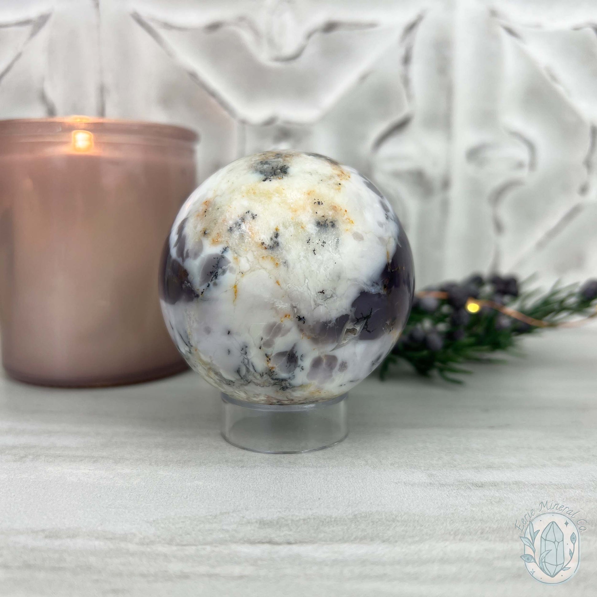 60mm Purple and White Dendritic Chalcedony Sphere