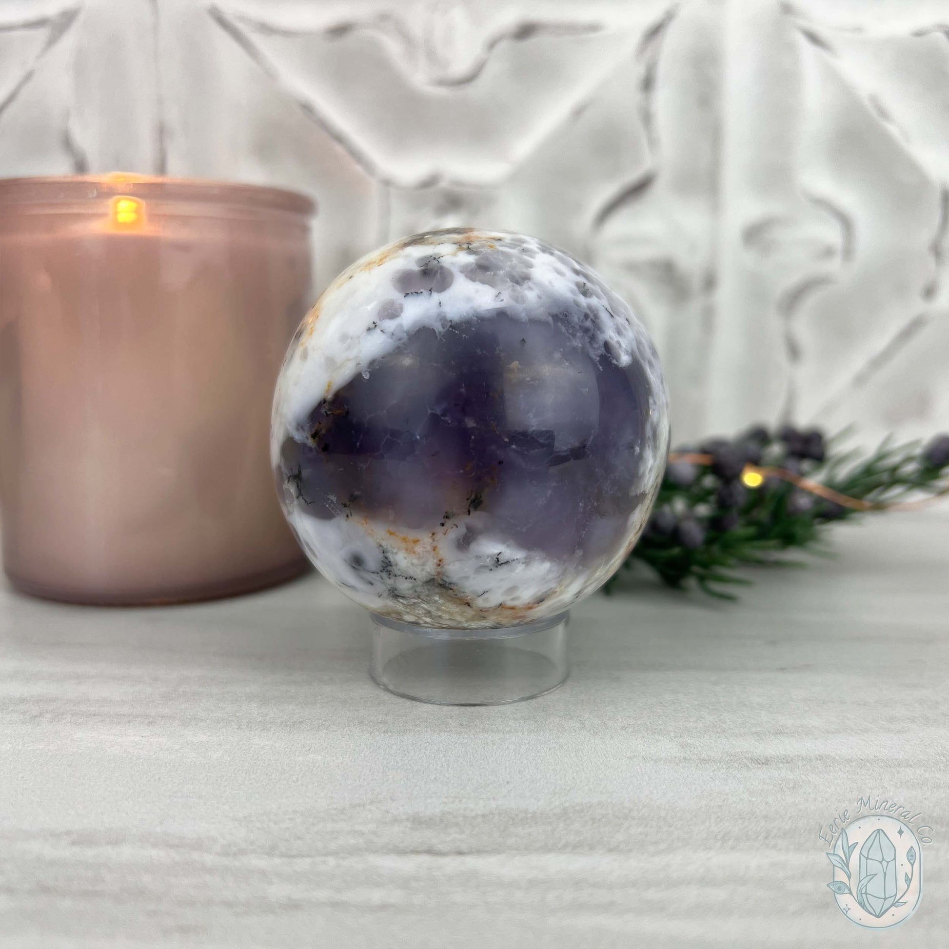 60mm Purple and White Dendritic Chalcedony Sphere