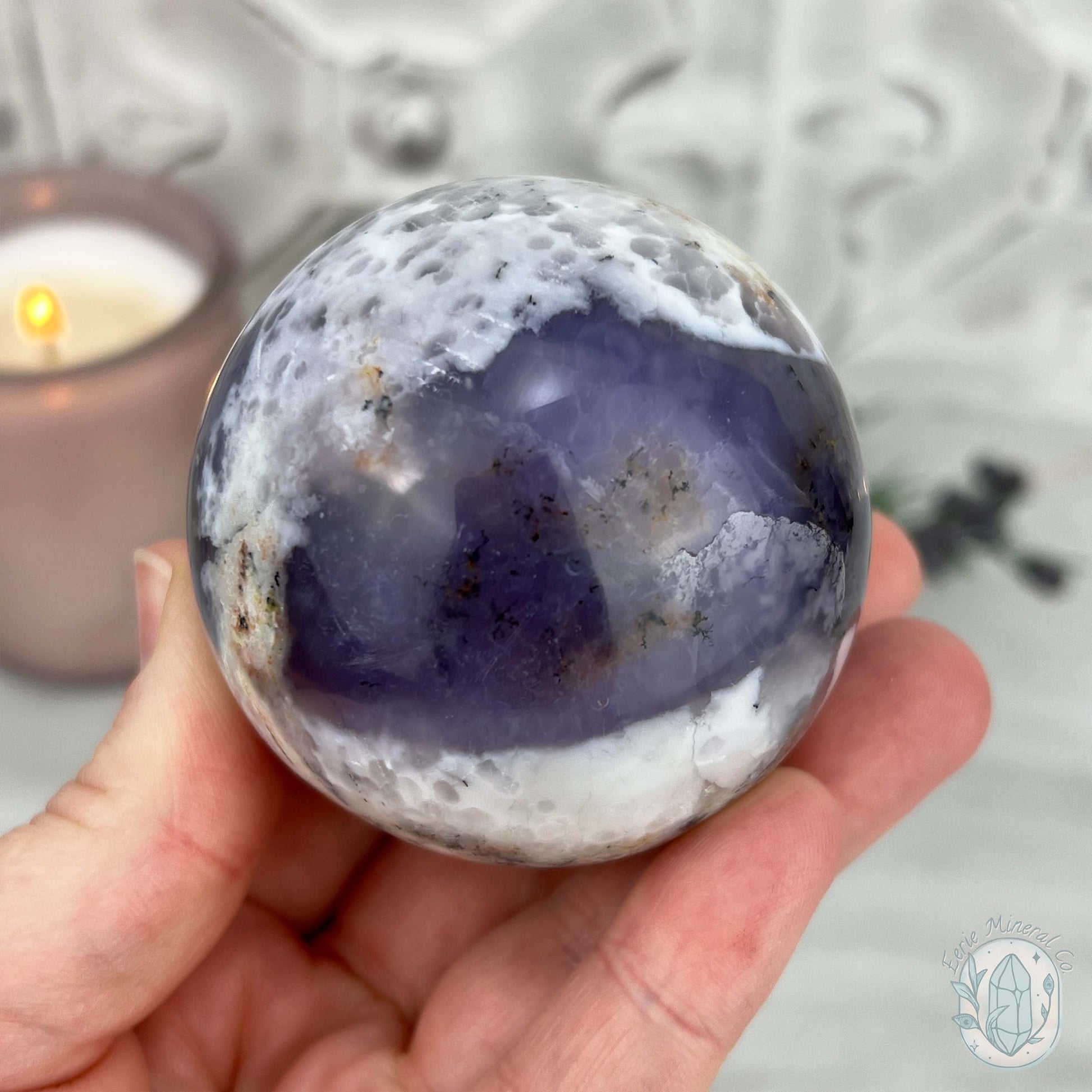 60mm Purple and White Dendritic Chalcedony Sphere