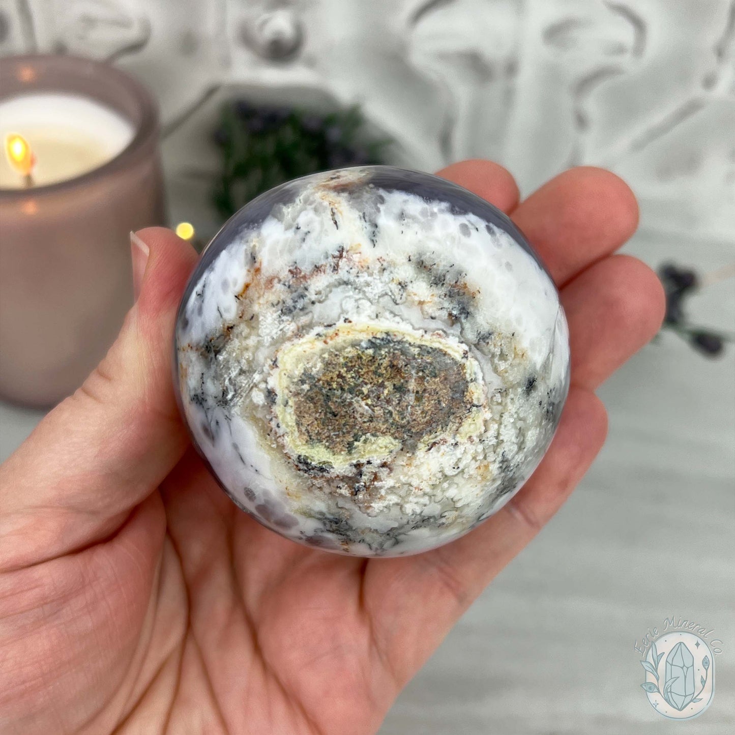 60mm Purple and White Dendritic Chalcedony Sphere