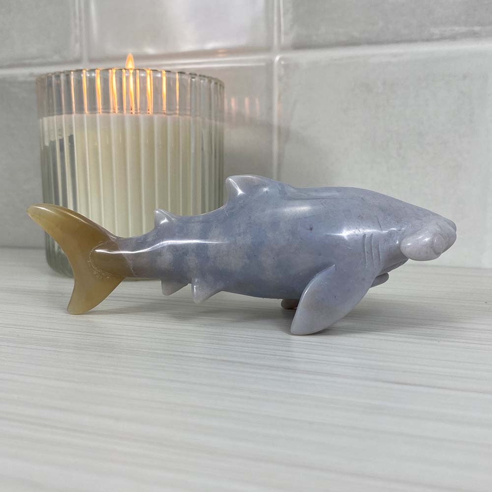 Polished Flower Agate Hammerhead Shark Carving