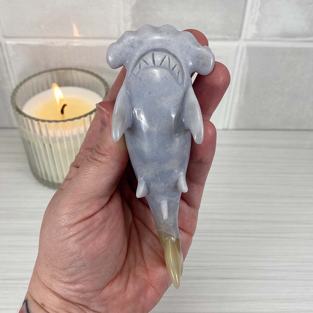 Polished Flower Agate Hammerhead Shark Carving
