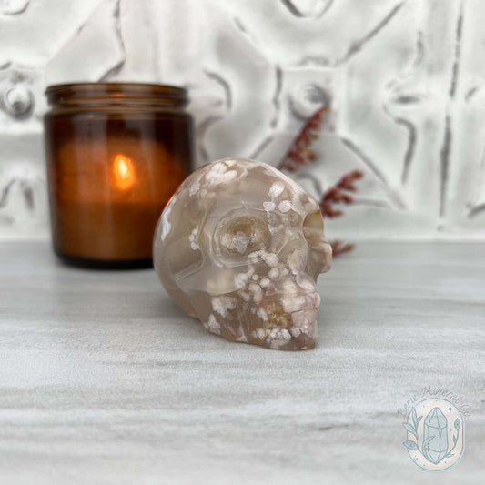 Polished Flower Agate Skull Carving