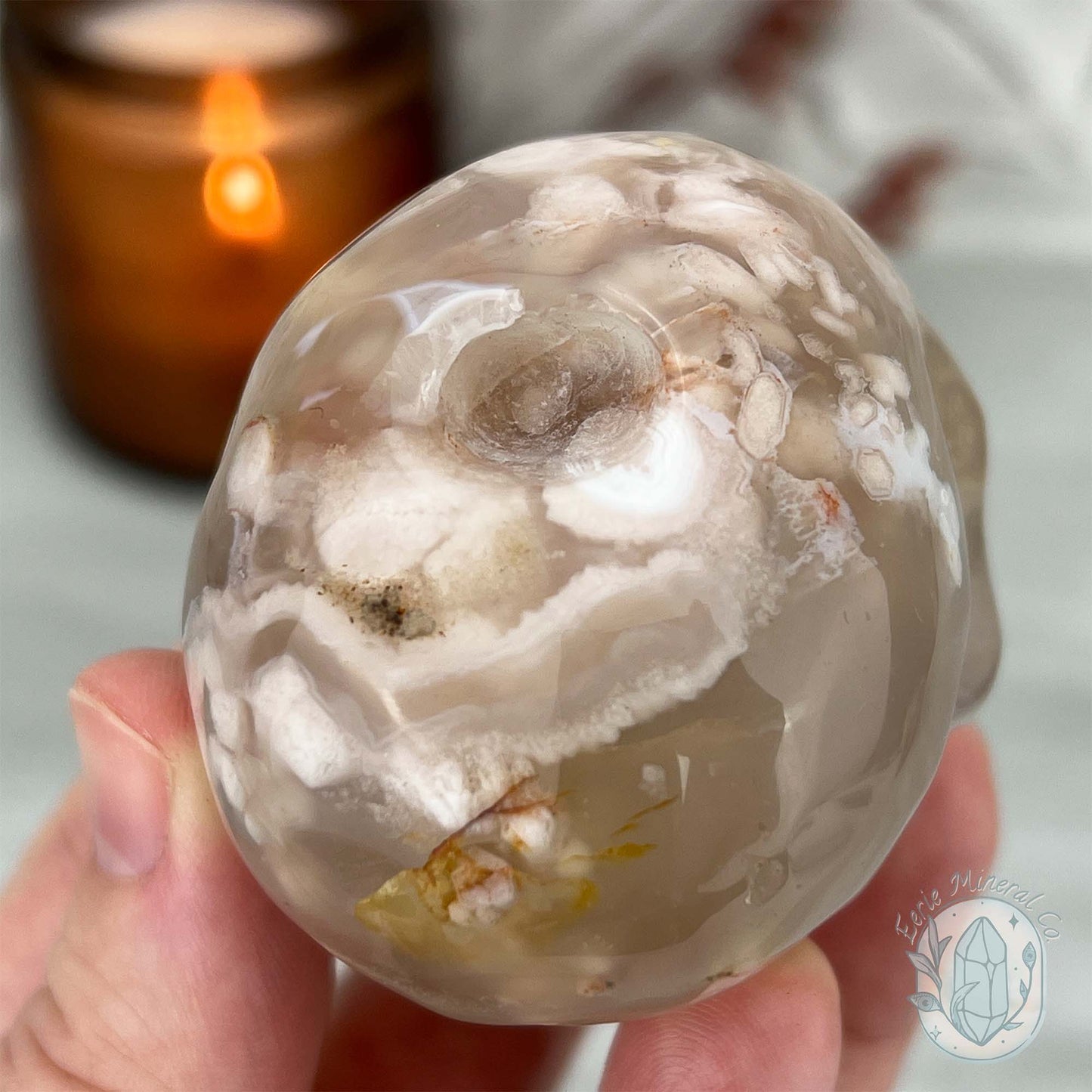 Polished Flower Agate Skull Carving