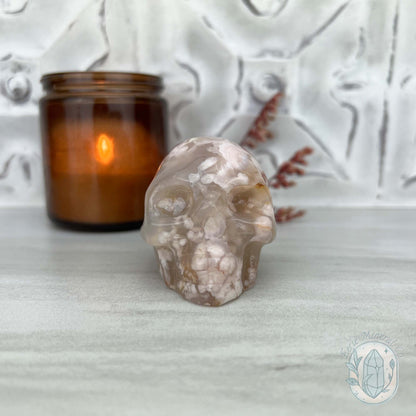 Polished Flower Agate Skull Carving