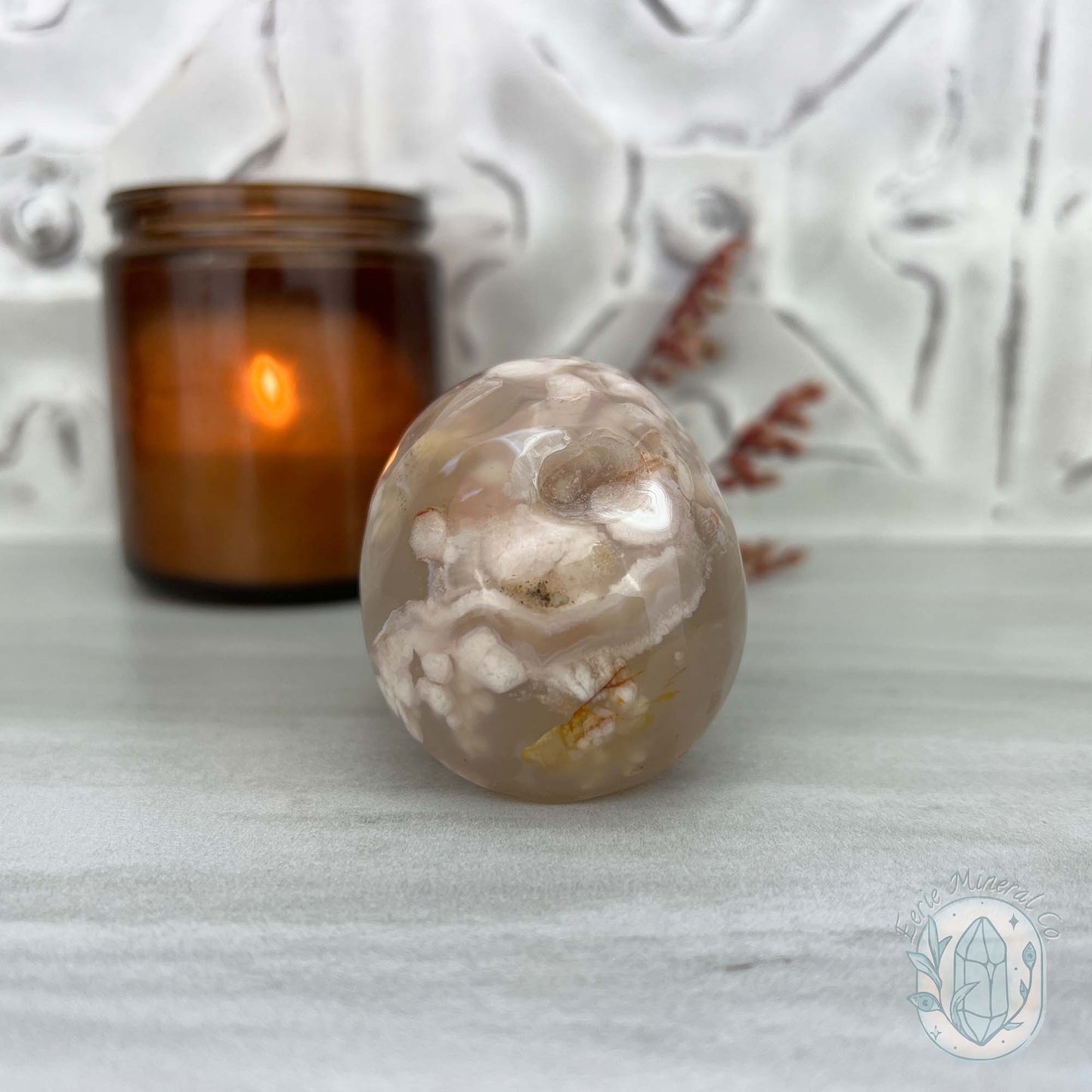 Polished Flower Agate Skull Carving