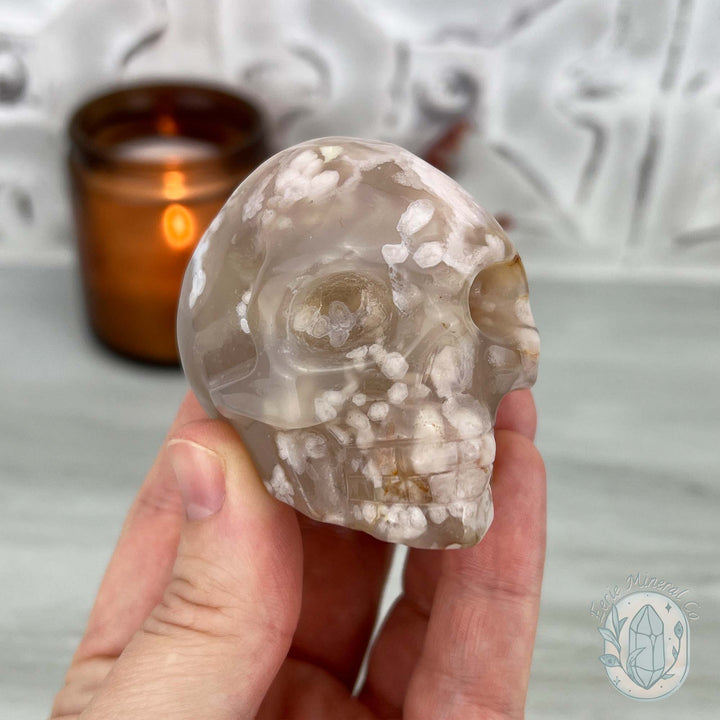 Polished Flower Agate Skull Carving