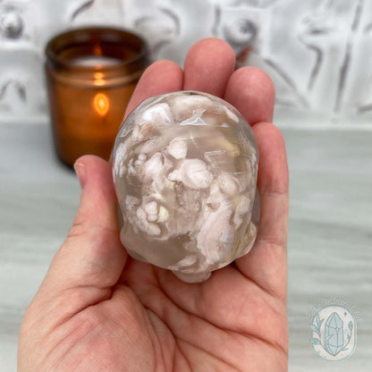 Polished Flower Agate Skull Carving