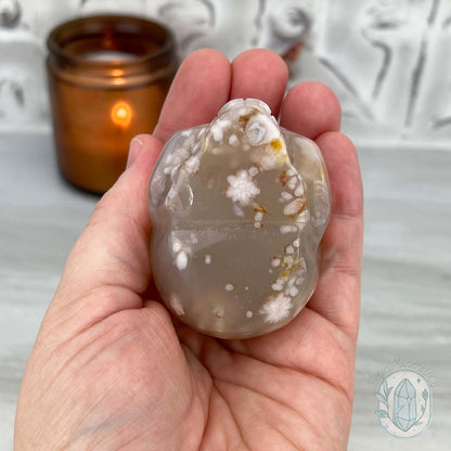 Polished Flower Agate Skull Carving